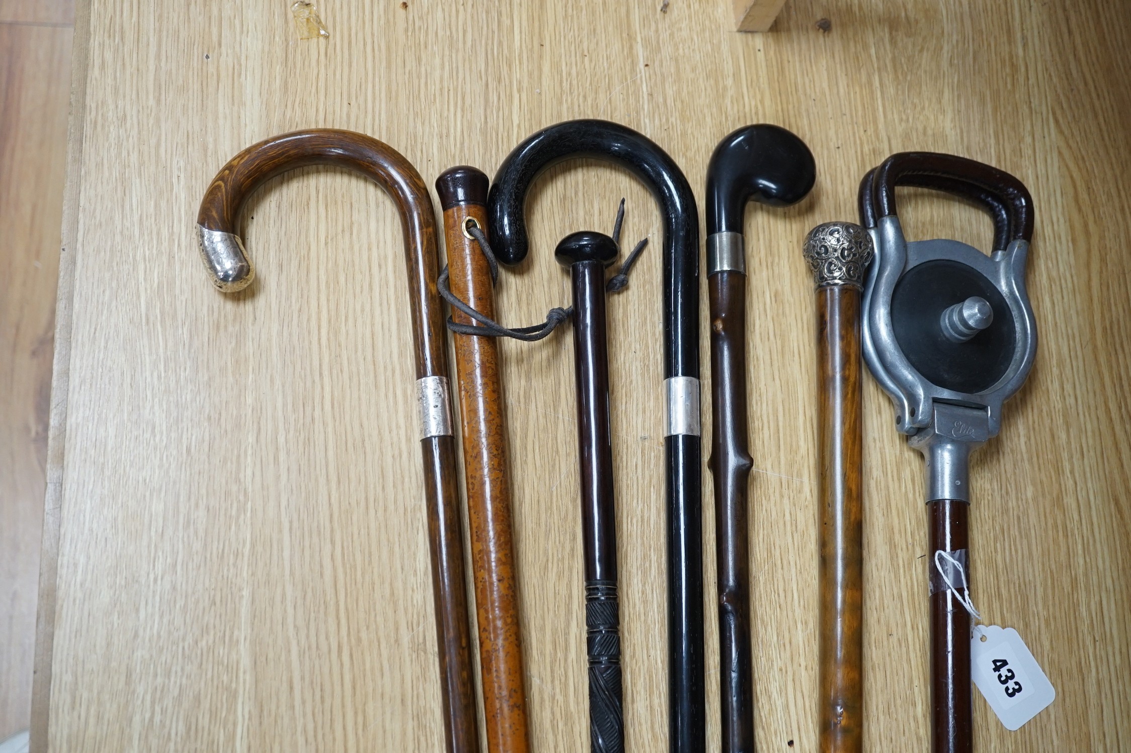 Four silver mounted walking canes, a malacca cane, a carved hardwood cane and a shooting stick (7)